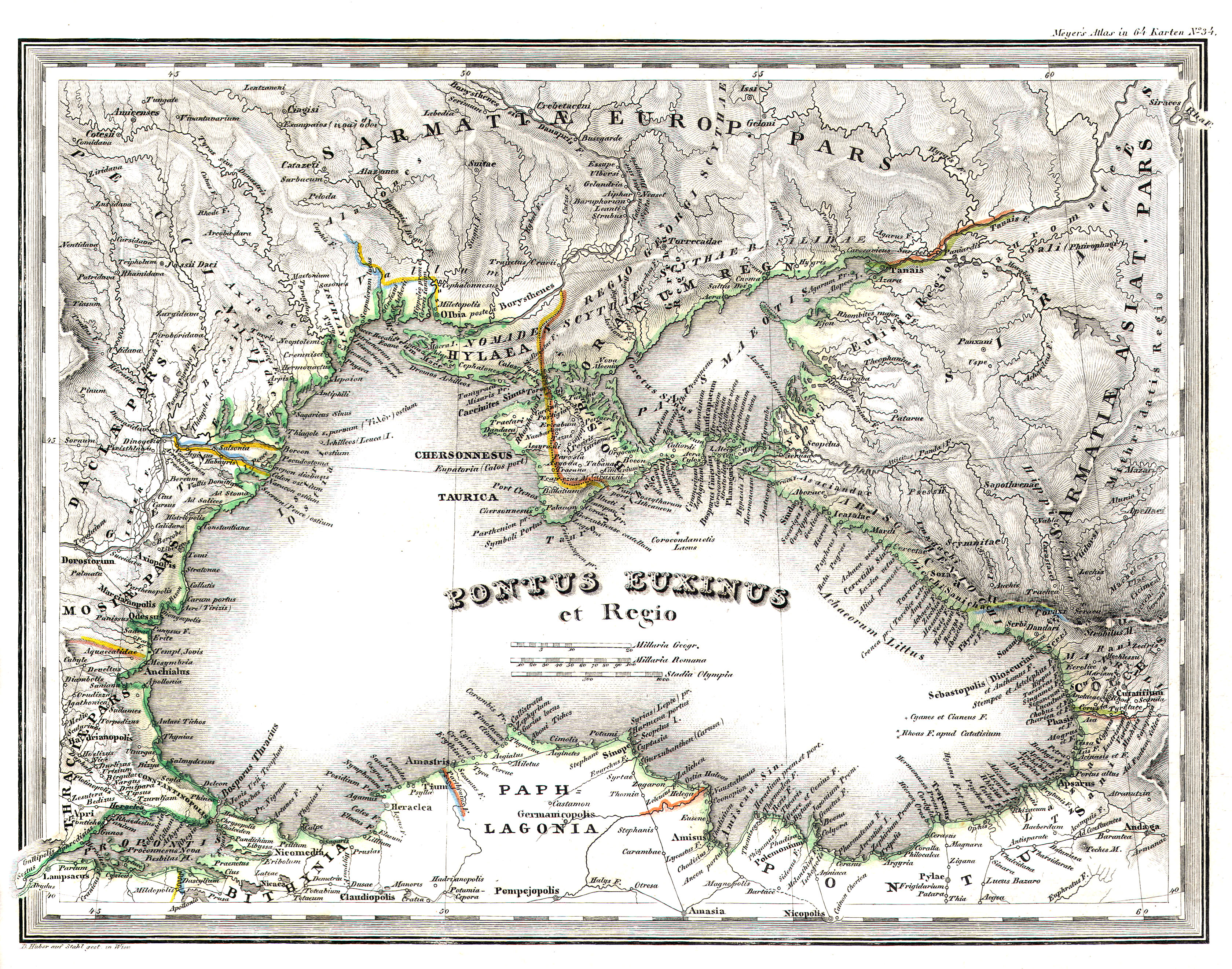 Карта Черного моря с древнегреческими названиями городов. Атлас Д. Майера1840 года.