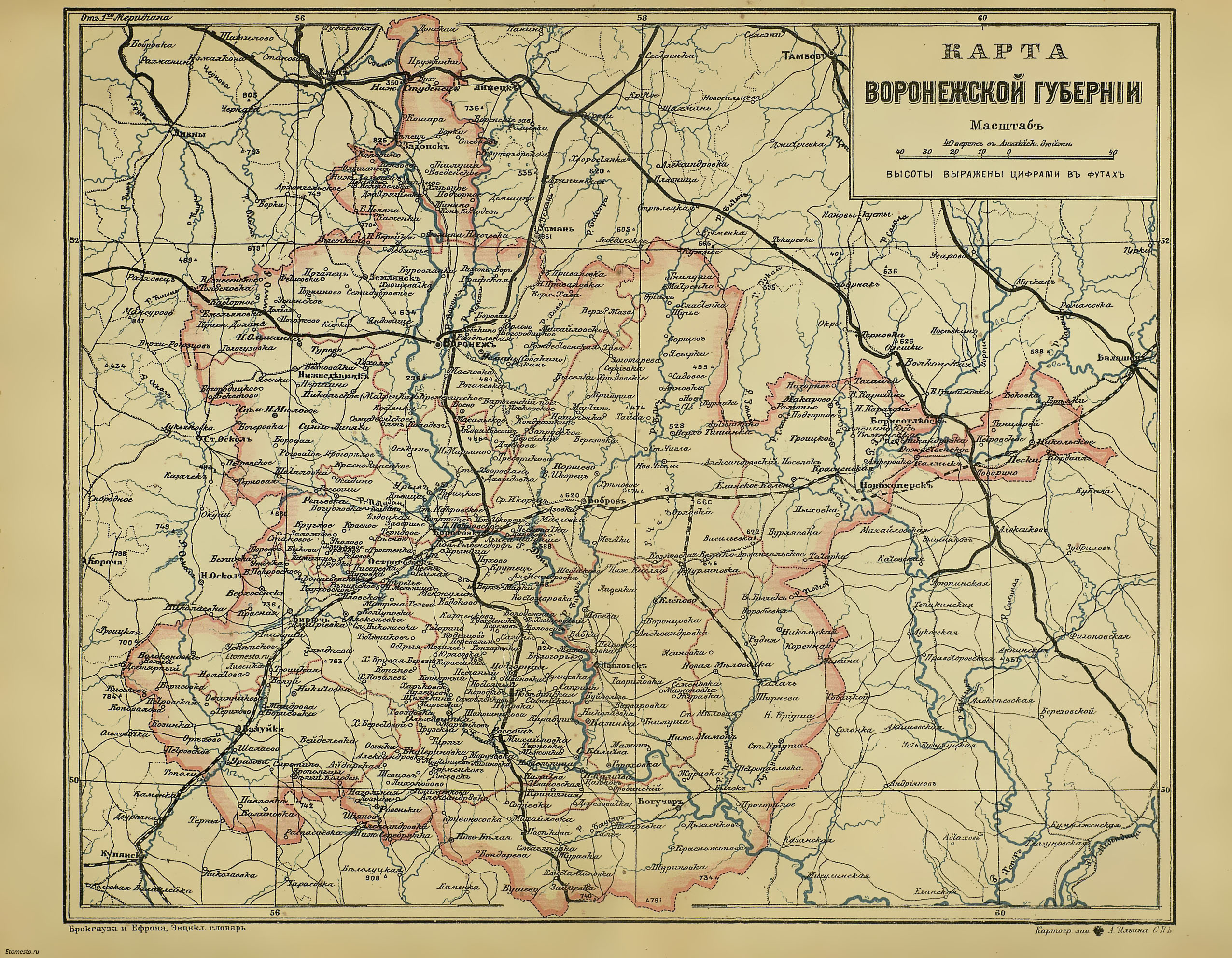 Map of the Voronezh province from the Brockhaus and Efron encyclopedic ...