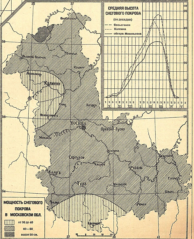 Распределение годового количества осадков. Атлас Московской области 1933.