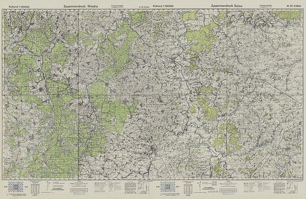 Немецкая карта окрестностей Белёва, Болхова и Думиничей 1942 года